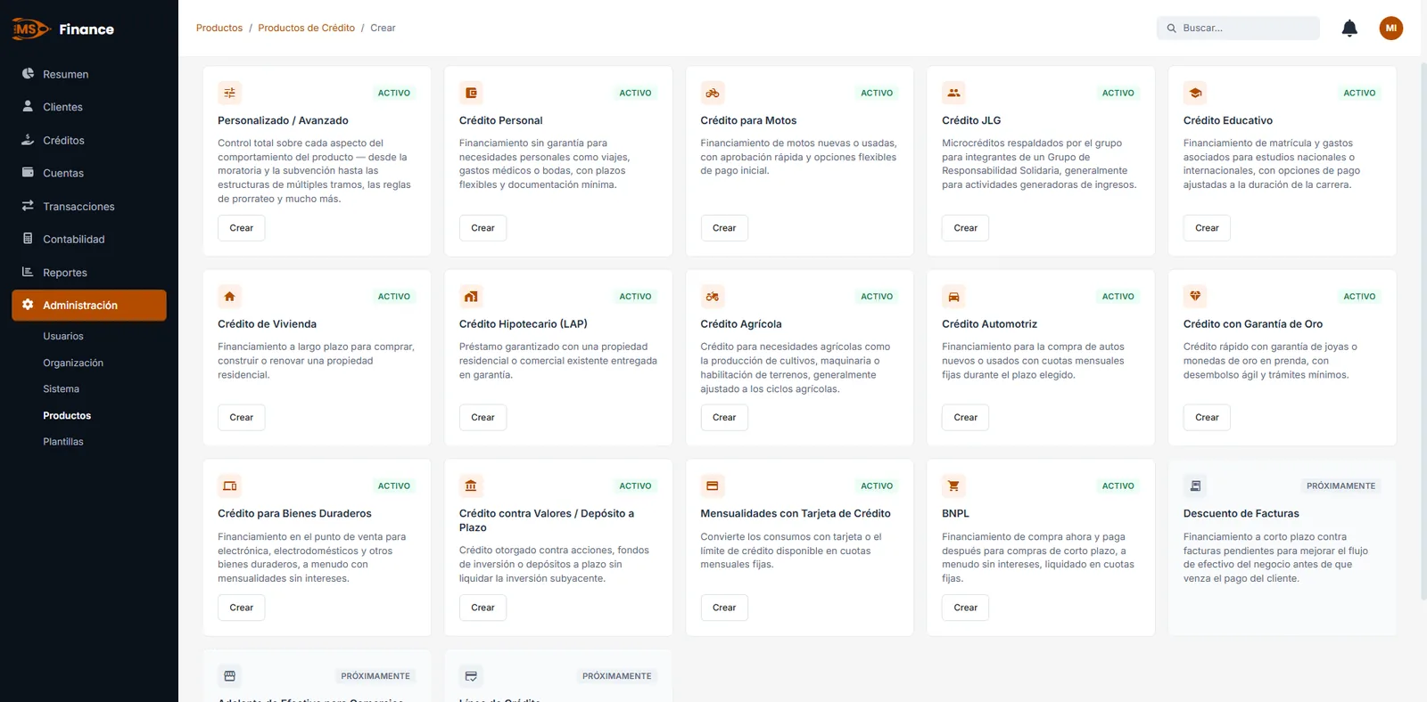 Catálogo de productos de crédito configurables en el core de MS Finance, incluido BNPL