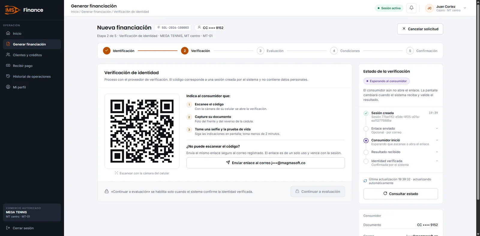Verificación de documentos e identidad en MS Finance con código QR, captura de documento y prueba de vida