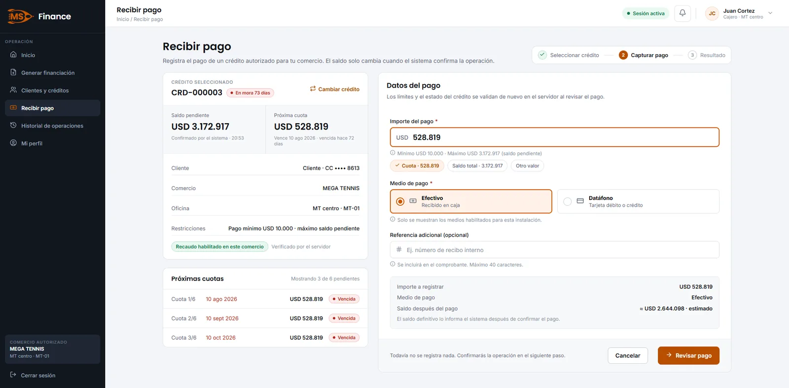Registro de pago de una cuota BNPL en MS Finance con saldo y próximas cuotas